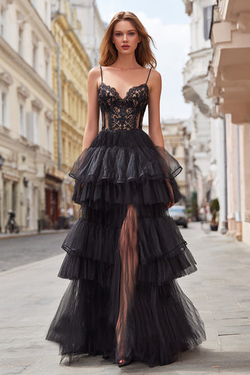 Tiered Spaghetti Straps Black A Line Lace Prom Dress